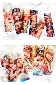 Detailed close-up of fairy fantasy laser bookmarks with glitter finish on lace background