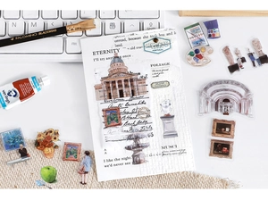 Detailed macro view of translucent PET art stickers with museum and classical painting motifs