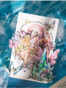 Detail of holographic PET butterfly stickers with fairy motifs on a crystal water background