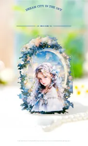 Macro detail of PET sticker featuring a fantasy girl with blue hair and floral arch