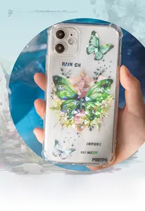 Macro detail of clear iPhone case with green butterfly print and laser glitter texture