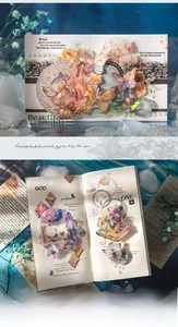 Detail of holographic PET butterfly stickers and crystal flora on a vintage journal page