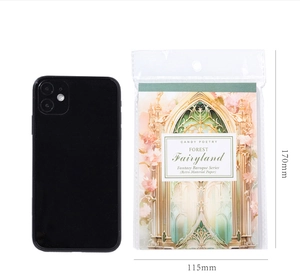 Baroque style decorative paper size 170x115mm shown next to a smartphone for scale