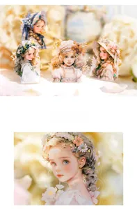 Macro details of vintage girl stickers with floral hats for DIY scrapbooking decor