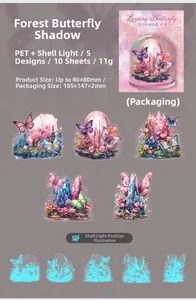 Detailed PET shell light butterfly stickers showing five unique forest patterns and crystals