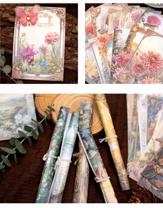 Nahaufnahme von Vintage-Scrapbook-Papier mit Rosen- und Schmetterlings-Illustrationen