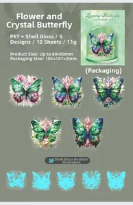 Macro detail of PET crystal butterfly stickers with iridescent shell light finish