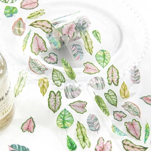 PET transparent decorative tape with diverse green and pink tropical leaf patterns