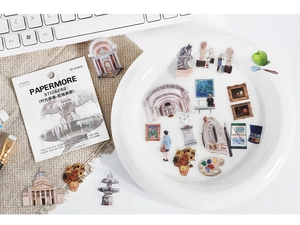Detail of artistic PET stickers featuring famous oil paintings and art museum scenes