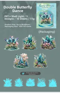Detail of PET butterfly stickers with shell light finish and crystal theme motifs