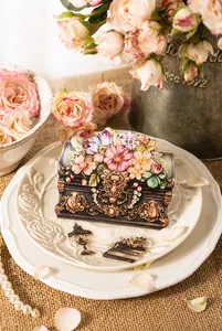 Detail of vintage floral PET stickers featuring antique items on a white ceramic plate