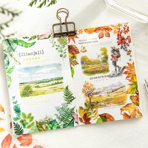 Artistic PET stickers set with botanical leaf patterns and vintage travel themes for journals