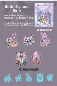 Detailed sheet of shell-light PET butterfly stickers for scrapbooking and journal decor