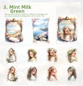 Detailed PET sticker collection featuring fantasy characters and mint green scenery