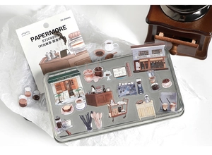 Detail of coffee-themed PET stickers on a vintage box for DIY journaling decoration