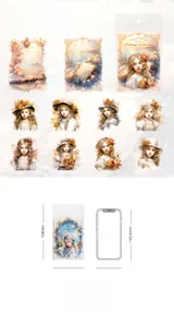 Detailed PET stickers showing 10 Victorian fantasy figures next to iPhone X for size