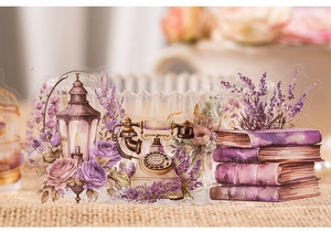 Detailed view of vintage PET stickers featuring antique items and lavender floral designs