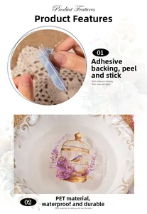 Macro view demonstrating the waterproof feature and self-adhesive backing of PET floral stickers
