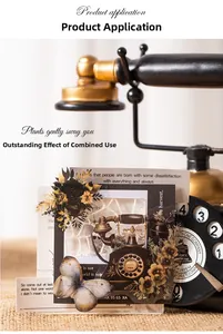 Detail of vintage PET stickers featuring antique items and floral patterns for scrapbooking