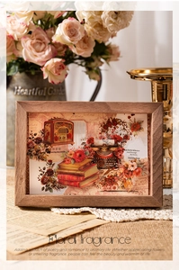 Detailed retro collage illustration with roses and vintage radio in a wood frame