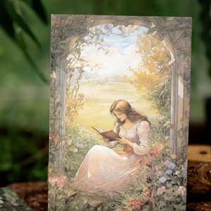 Vintage-Aquarellpapier mit einer Frau, die unter einem blumigen Steinbogen ruhig liest