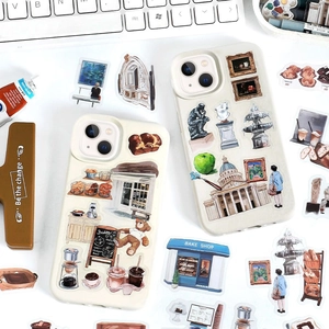 Artistic cream iPhone case with hand-drawn lifestyle stickers and retro creative layout