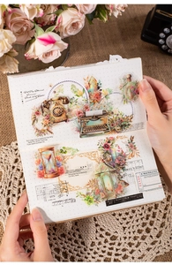 Close-up of vintage PET stickers featuring antique objects and flowers for journaling