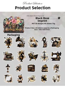 Detail of 40 vintage PET stickers featuring antique objects like typewriters and flowers