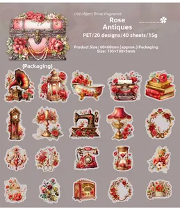 Detailed catalog of 40 vintage floral PET stickers featuring antique red rose designs