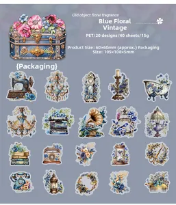 Detail showing vintage blue floral PET stickers featuring antique typewriter and gramophone