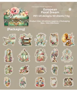 Detail of 40 pieces vintage floral PET stickers set showing retro typewriter and bathtub motifs