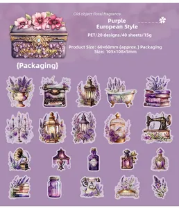 Macro layout of vintage lavender PET stickers with typewriter and old sewing machine motifs