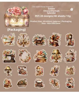 Flat lay of vintage PET stickers featuring antique items and floral illustrations