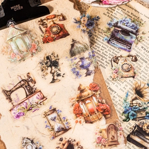 Vintage PET stickers featuring antique typewriter, gramophone, and flowers for DIY journals