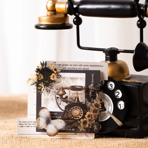 Vintage PET stickers with antique telephone, black flowers, and retro butterfly designs