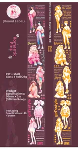 Detail of PET washi tape with shell light finish and fashion girl illustrations