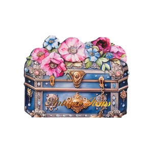 Antique blue jewelry box sticker with pink poppies and golden relief details