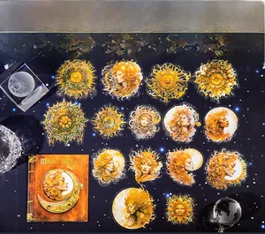 Close-up of Moon Goddess sticker set featuring celestial moon and sun figure designs
