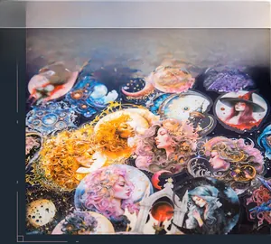 Detailed view of mystical moon goddess art stickers with intricate gold foil illustrations