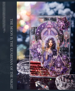 Detailed view of magic moon goddess PET sticker with fantasy purple female figure and stars