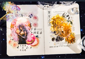 Detailed close-up of celestial moon goddess scrapbooking stickers and fantasy characters