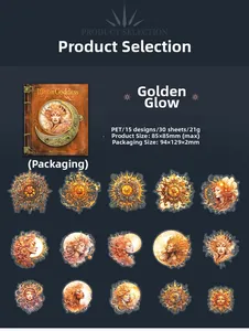 Macro view of Moon Goddess PET stickers with golden glow moon phases and celestial designs