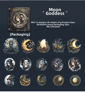 Macro view of Moon Goddess PET stickers featuring mystical lunar phases and gothic figures