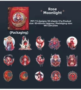Detail view of Moon Goddess series PET stickers with red magic moon and goddess motifs