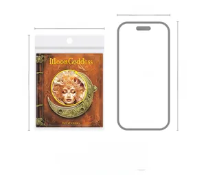 Size comparison of Moon Goddess PET stickers in packaging next to an iPhone 15 frame