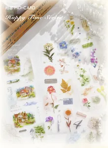 Detailed macro view of Happy Time PET tape featuring floral patterns and buildings