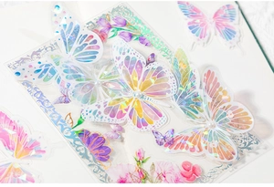 Détail de papillons autocollants irisés avec perles et motifs dorés pour scrapbooking