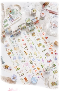 Detail of PET decorative tape set featuring watercolor lifestyle illustrations for journaling