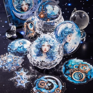 Magic moon goddess sticker set with blue hair girl stars and retro gears for DIY journal