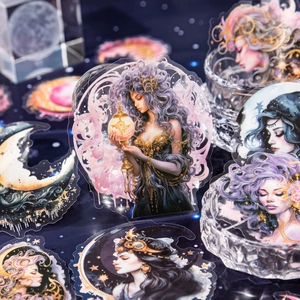 Fantasy moon goddess PET stickers with mystical female characters and cosmic magic elements